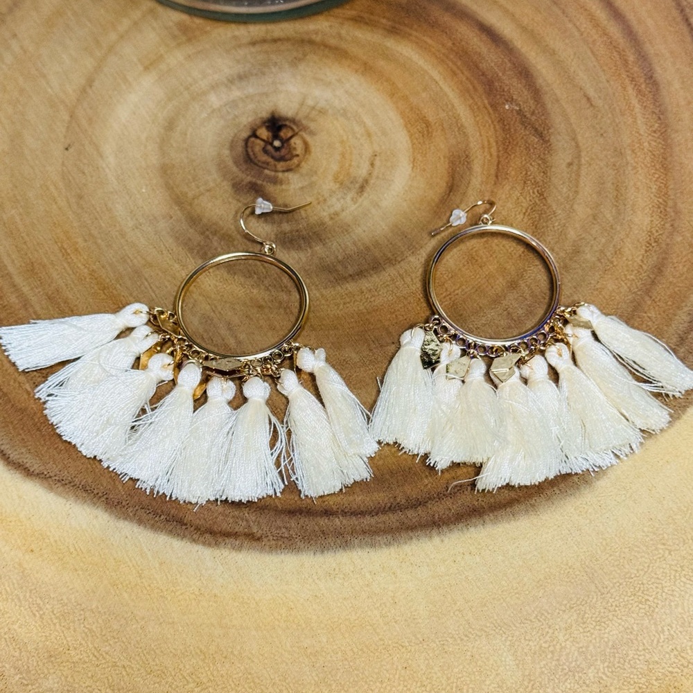 NEW Gold and Cream Tassel Hoop Earrings